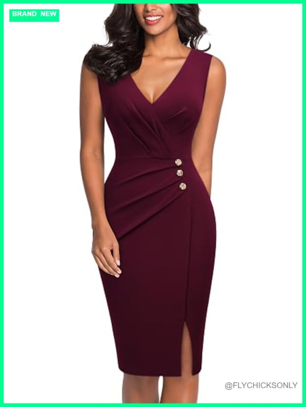 V Neck Sleeveless Split Ruched Work Pencil Dress Sheath Vintage